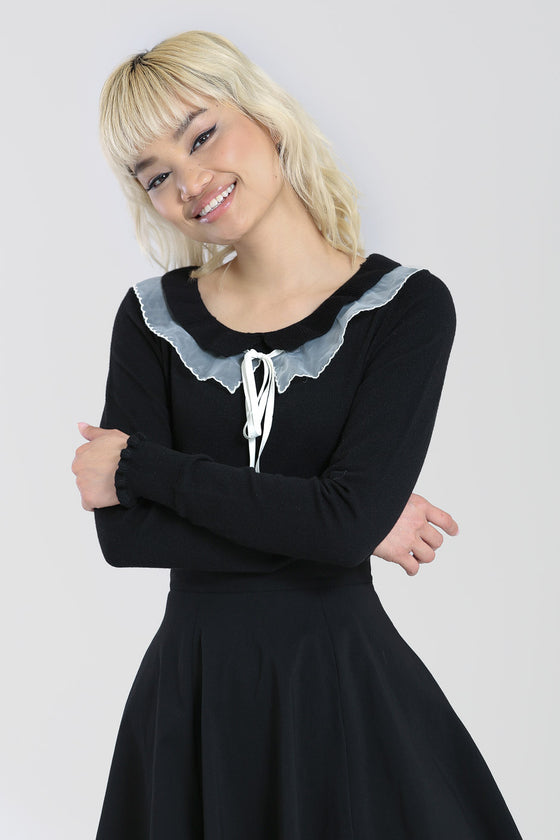 Hell Bunny Tatiana Knitted Top Jumper with Statement Neck Chiffon Ruffle