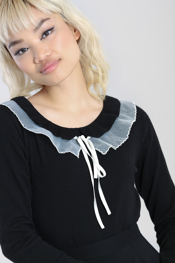 Hell Bunny Tatiana Knitted Top Jumper with Statement Neck Chiffon Ruffle