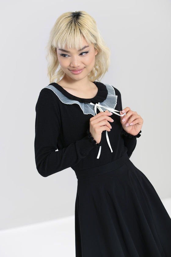 Hell Bunny Tatiana Knitted Top Jumper with Statement Neck Chiffon Ruffle