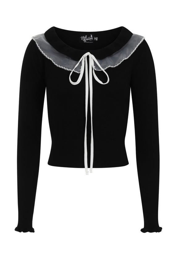 Hell Bunny Tatiana Knitted Top Jumper with Statement Neck Chiffon Ruffle