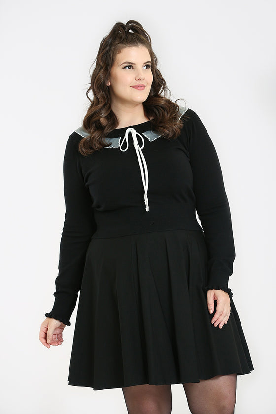 Hell Bunny Tatiana Knitted Top Jumper with Statement Neck Chiffon Ruffle