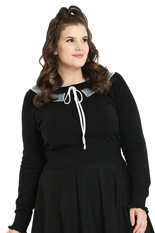 Hell Bunny Tatiana Knitted Top Jumper with Statement Neck Chiffon Ruffle