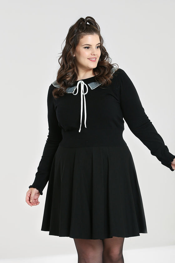 Hell Bunny Tatiana Knitted Top Jumper with Statement Neck Chiffon Ruffle
