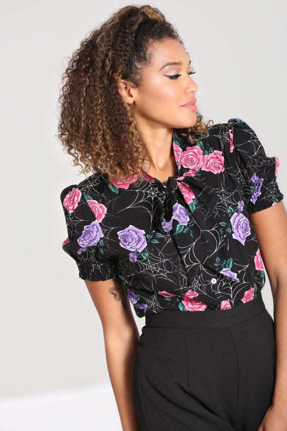 Hell Bunny Eloise Blouse Roses and Spiderwebs