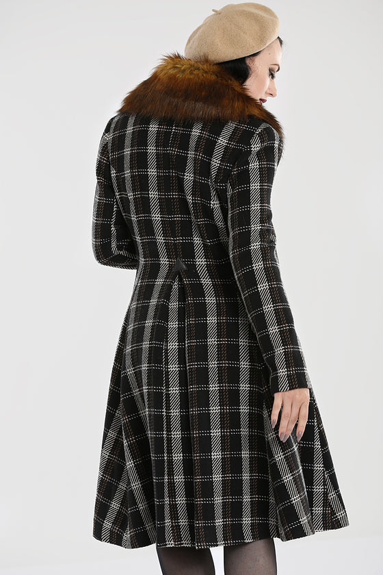 Hell Bunny Brooklyn Checked Coat with Faux Foxfur Collar