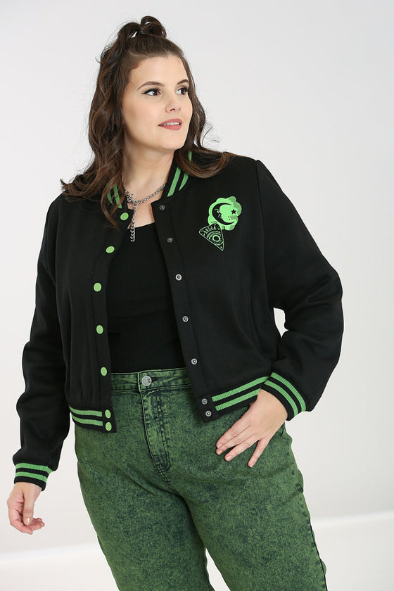 Hell Bunny Samara Varsity Jacket Black and Green Ouija Motifs