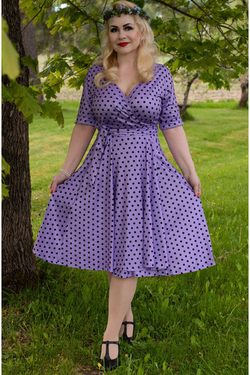 Dolly & Dotty Matilda Wrap Dress in Lavender and Black Polkadot