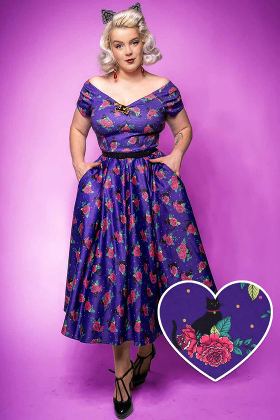 Dolly & Dotty Lily Swing Dress in Purple with Cat and Rose Print