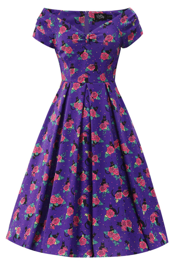 Dolly & Dotty Lily Swing Dress in Purple with Cat and Rose Print