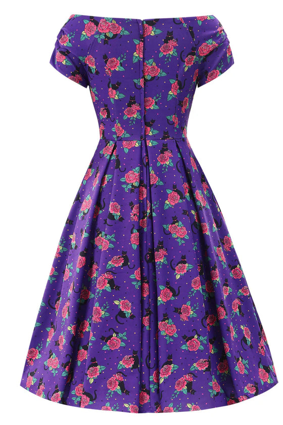Dolly & Dotty Lily Swing Dress in Purple with Cat and Rose Print