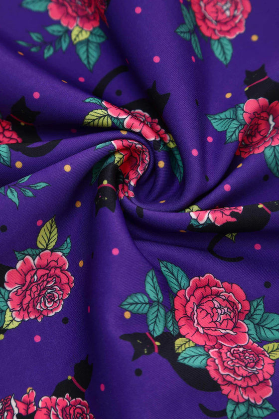 Dolly & Dotty Lily Swing Dress in Purple with Cat and Rose Print