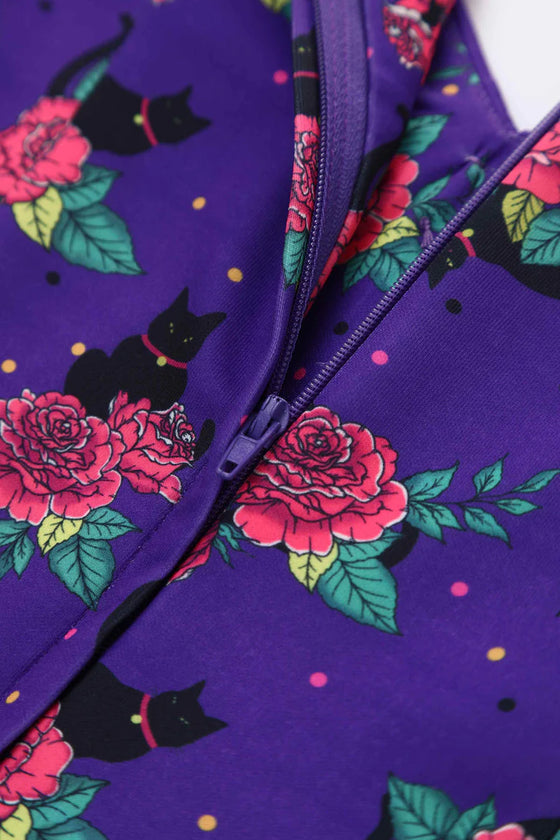 Dolly & Dotty Lily Swing Dress in Purple with Cat and Rose Print