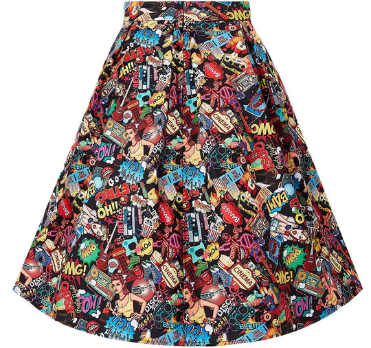 Dolly & Dotty Carolyn Box Pleat Skirt in Black Comic Pop Art Print