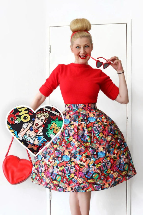 Dolly & Dotty Carolyn Box Pleat Skirt in Black Comic Pop Art Print