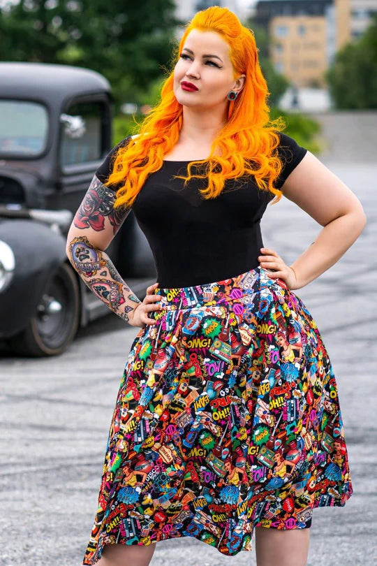 Dolly & Dotty Carolyn Box Pleat Skirt in Black Comic Pop Art Print