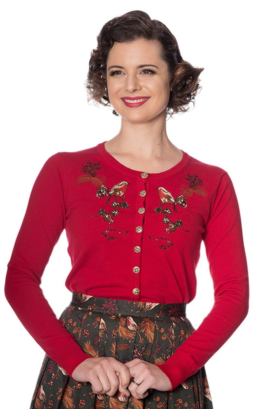 Banned Rockin' Robin Cardigan in Red with Embroidery
