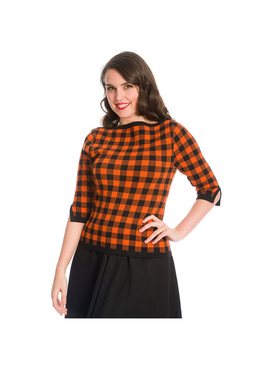 Banned Retro Checked Knit Top Jumper in Orange