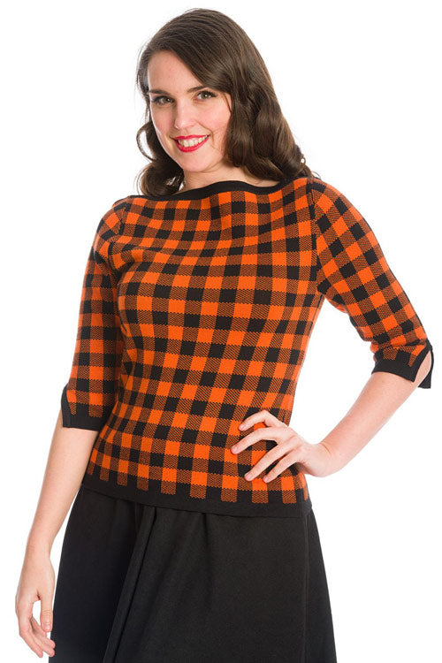 Banned Retro Checked Knit Top Jumper in Orange
