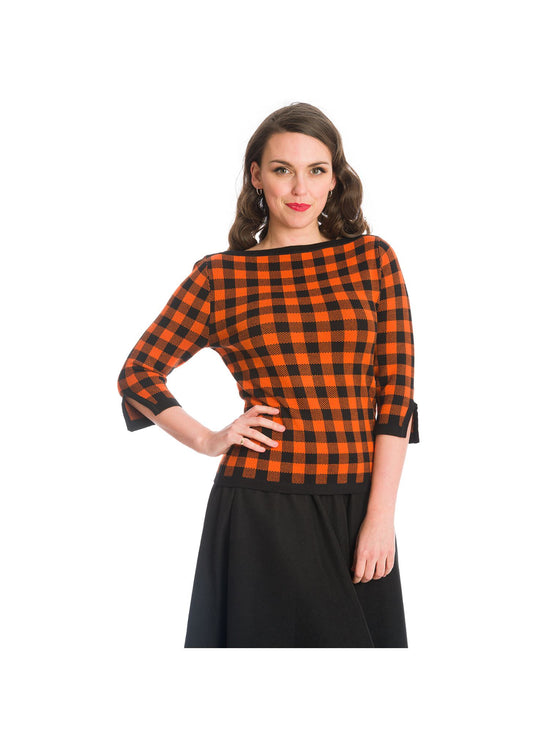 Banned Retro Checked Knit Top Jumper in Orange