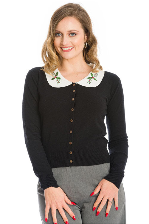 Banned Happy Holly Cardigan in Black Christmas