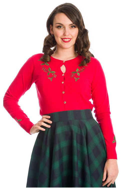 Banned Retro Holly Go Lightly Cardigan in Red Christmas