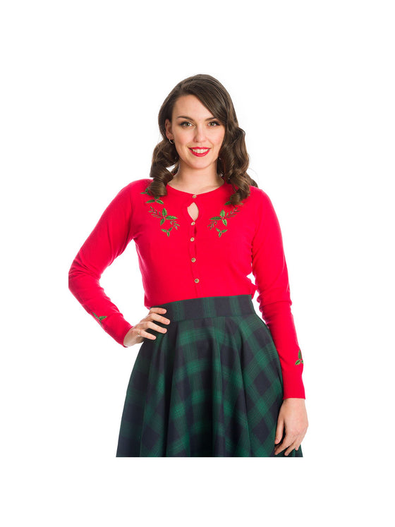 Banned Retro Holly Go Lightly Cardigan in Red Christmas