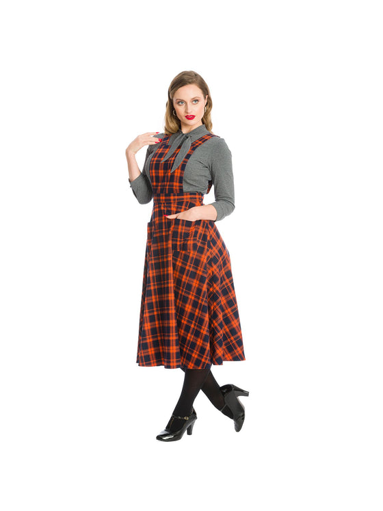 Banned Miss Spooky 50's Length Pinafore Dress in Orange and Black Tartan