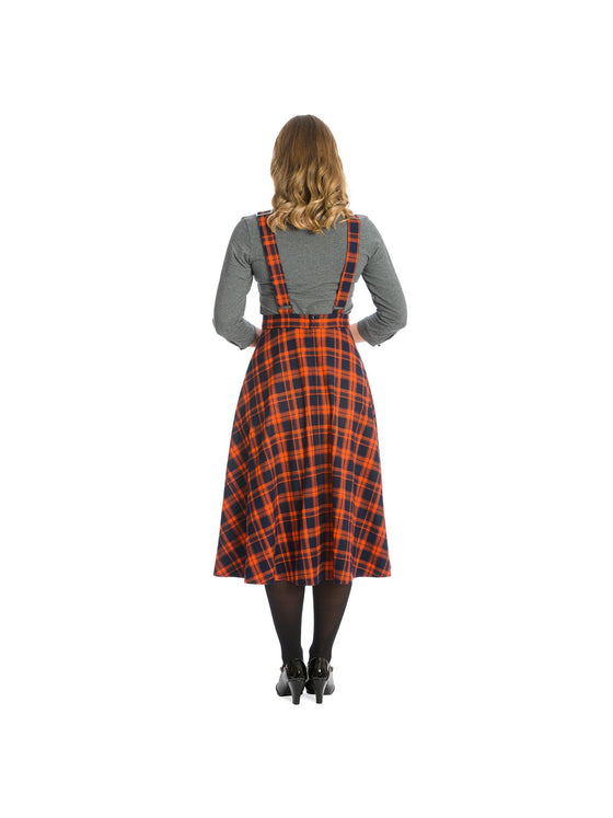 Banned Miss Spooky 50's Length Pinafore Dress in Orange and Black Tartan