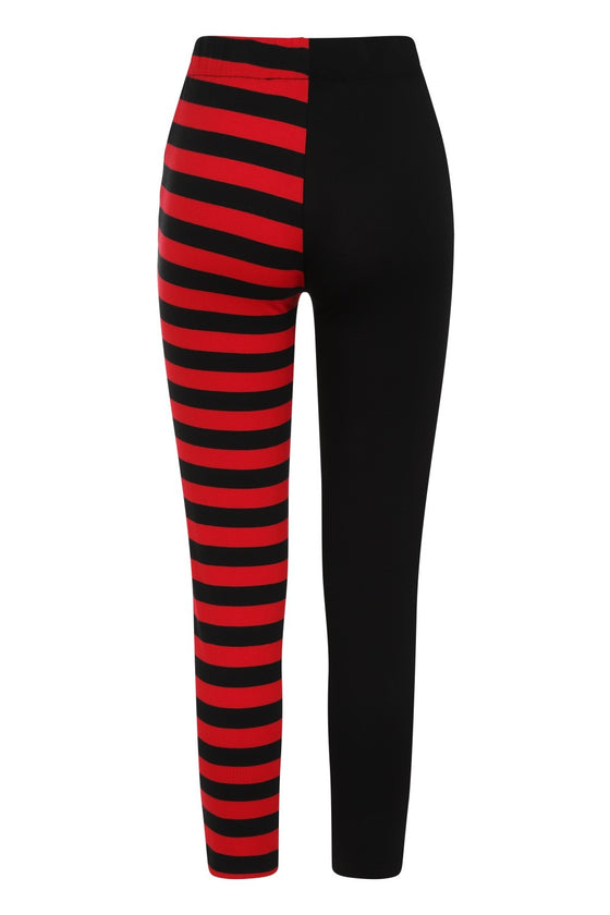 Banned Alternative Half Black Half Stripe Leggings in Black & Red