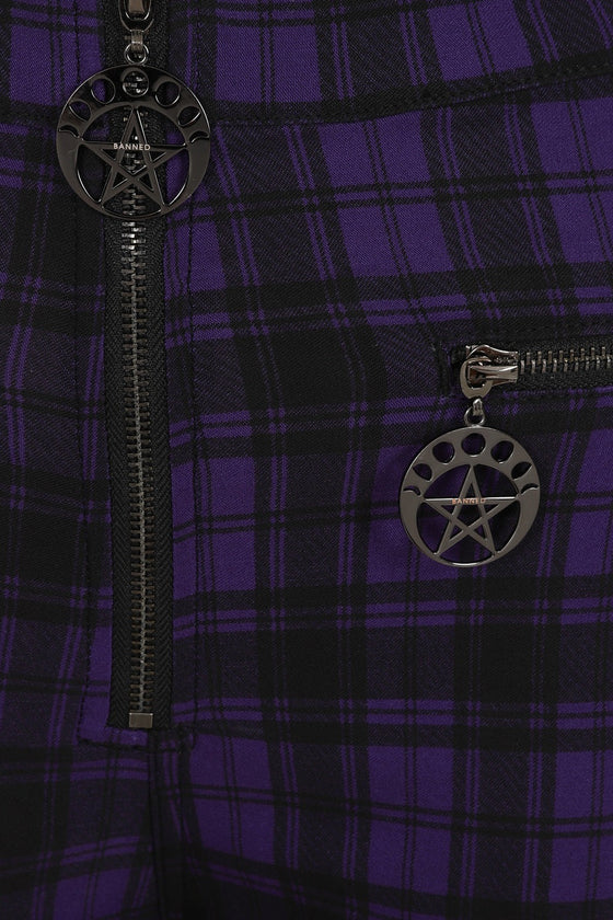 Banned Alternative Damien Stretch Skinny Trousers in Purple Tartan