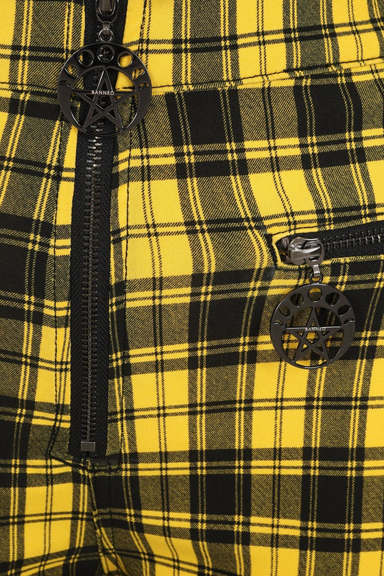 Banned Alternative Damien Stretch Skinny Trousers in Yellow Tartan