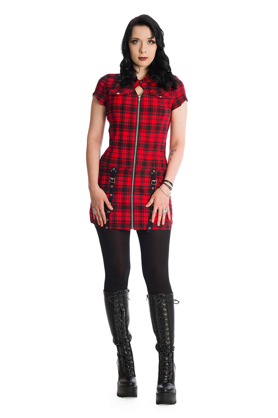 Banned Alternative Tartan Nights Mini Dress in Red Tartan