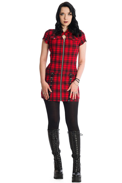 Banned Alternative Tartan Nights Mini Dress in Red Tartan