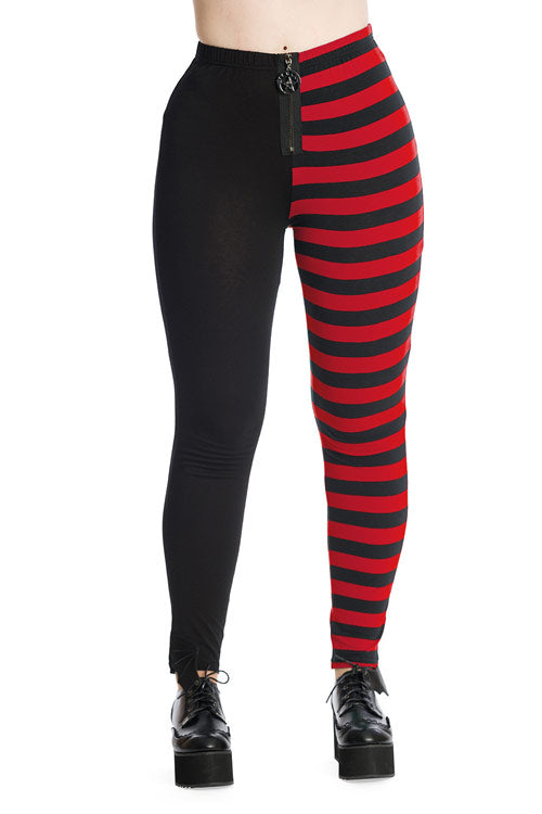 Banned Half Black Half Stripe Leggings in Black & Red