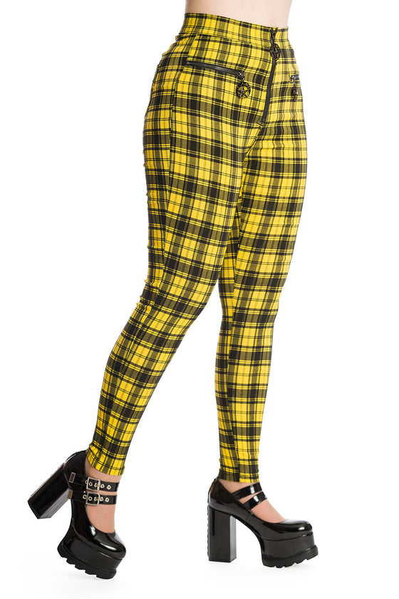 Banned Alternative Damien Stretch Skinny Trousers in Yellow Tartan
