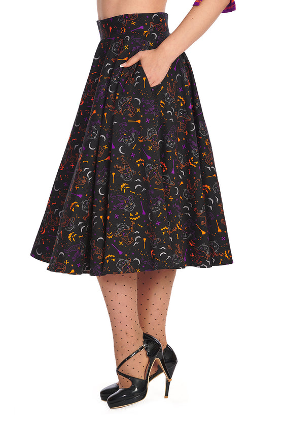 Banned Retro All Hallows Cat Swing Skirt with Pockets Halloween