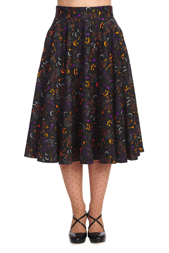 Banned Retro All Hallows Cat Swing Skirt with Pockets Halloween