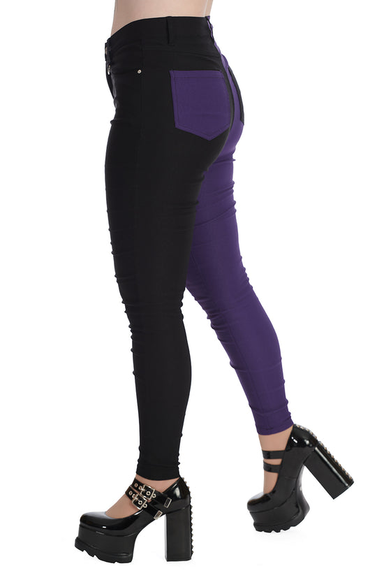 Banned Bailey Half and Half Stretch Skinny Trousers in Purple and Black