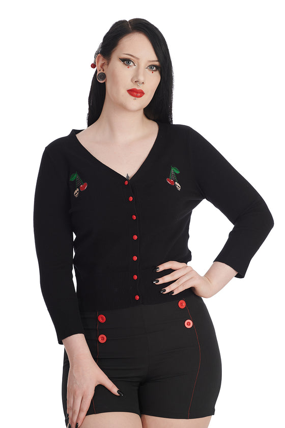 Banned Cherry Skull Spiderweb Embroidered Cardigan in Black