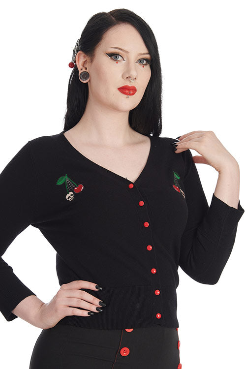 Banned Alternative Cherry Skull Spiderweb Embroidered Cardigan in Black