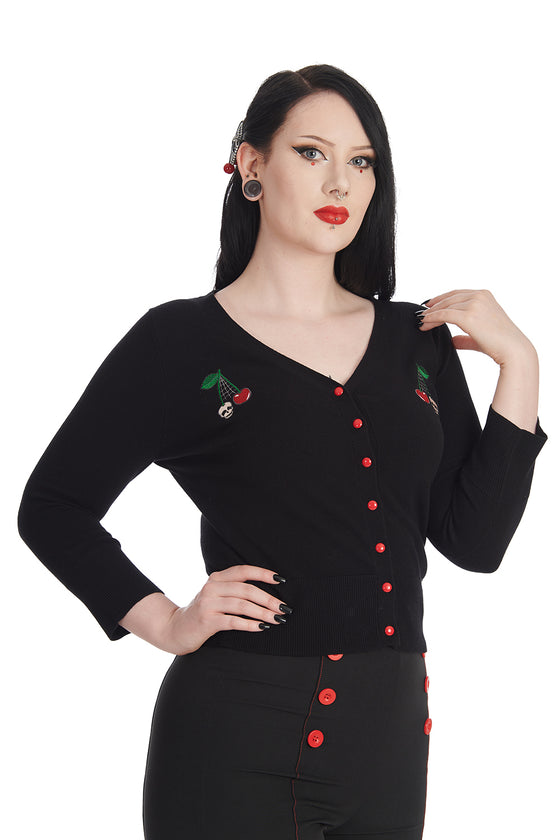 Banned Cherry Skull Spiderweb Embroidered Cardigan in Black
