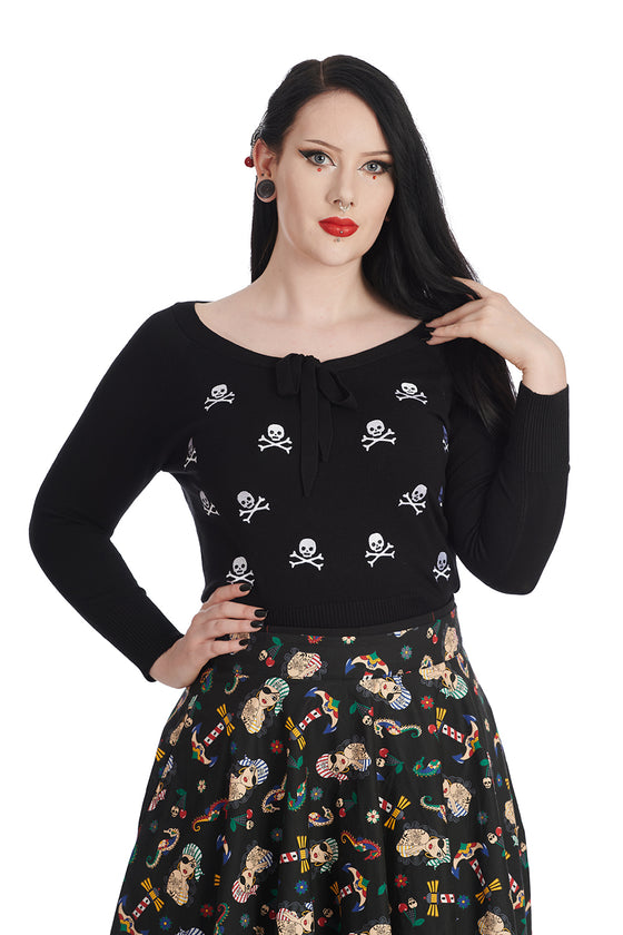 Banned Retro Anchor Pin Up Jumper in Black Pirate Skulls Back Embroidery