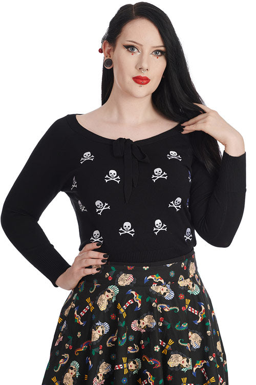 Banned Retro Anchor Pin Up Jumper in Black Pirate Skulls Back Embroidery