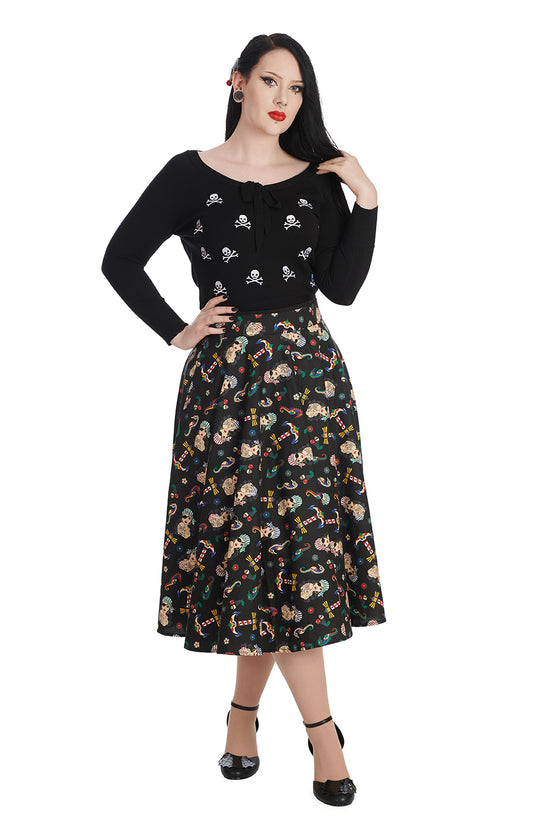 Banned Retro Anchor Pin Up Jumper in Black Pirate Skulls Back Embroidery
