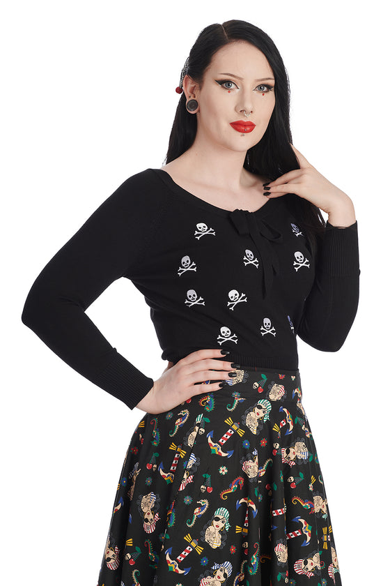 Banned Retro Anchor Pin Up Jumper in Black Pirate Skulls Back Embroidery