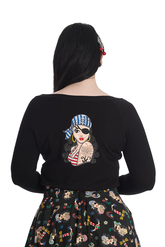 Banned Retro Anchor Pin Up Jumper in Black Pirate Skulls Back Embroidery