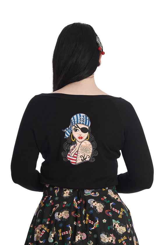 Banned Anchor Pin Up Jumper in Black Pirate Skulls Back Embroidery