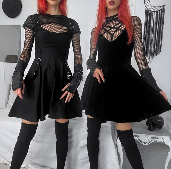 Killstar Magica Dress in Black Velvet with Harness Detailing