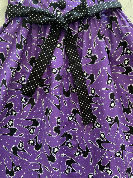 Retrolicious Ida Dress in Scaredy Cat Print Purple and Polkadot