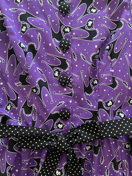 Retrolicious Ida Dress in Scaredy Cat Print Purple and Polkadot